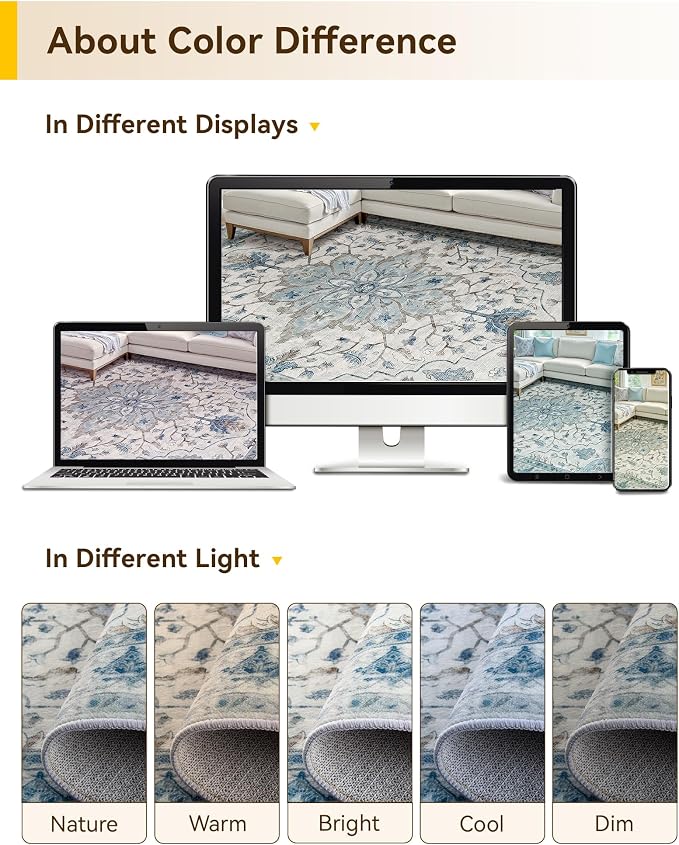 RELEANY Area Rugs Square 8ft Washable Non-Slip, Floral Vintage Distress Medallion Carpet for Living Room Bedroom Dining Room, Light Blue Navy Gray White