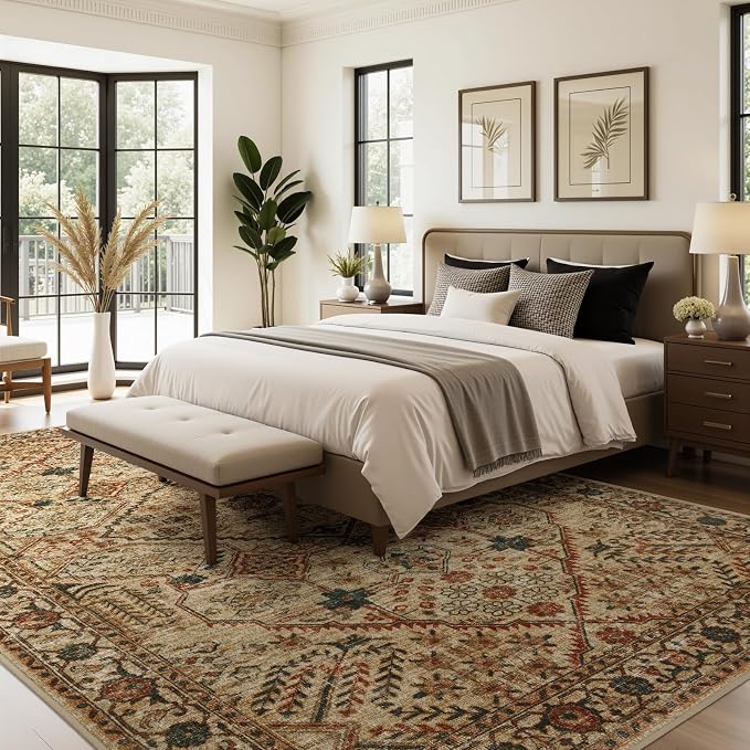 Joydeco 4x6 Area Rugs for Living Room, Non Slip Machine Washable Vintage Rug, Low Pile Chenille Print Rugs for Bedroom, Dining Room, Home Office, Pet & Child Friendly, Tan