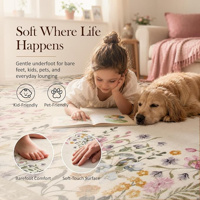 Wonnitar 6x9 Washable Area Rug, Boho Floral Rug for Living Room, Soft Rug for Bedroom, Non Slip Low Pile Nursery Carpet, Beige Farmhouse Dining Room Decor (6x9 Beige)