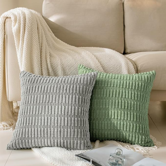 Softalker Throw Pillow Covers 18 x 18 Inch, Set of 2, Corduroy Soft Striped Farmhouse Boho Pillow Cover, Modern Decorative Cushion Pillow Case for Couch Sofa Bedroom Living Room, Sage Green