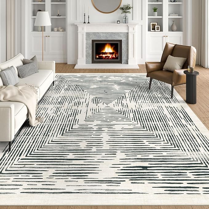 BLISSA Washable 5x7 Area Rugs - Soft Modern Throw Rug for Living Room Non-Slip Ultra-Thin Black White Lines Borderd Abstract Carpet for Bedroom Dining Room Rugs for Under Table Nursery Home Decor