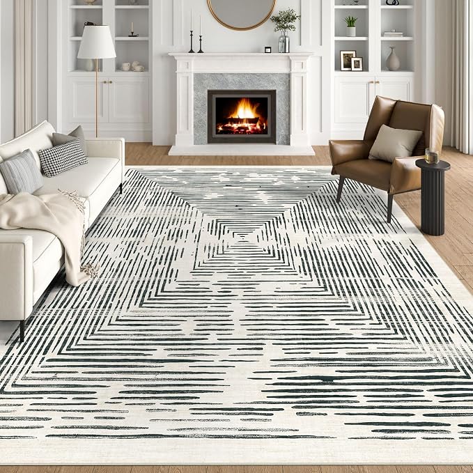 BLISSA Washable 5x8 Area Rug - Soft Modern Throw Rugs for Living Room Non-Slip Ultra-Thin Black White Lines Borderd Abstract Carpet for Bedroom Dining Room Rugs for Under Table Nursery Room Decor