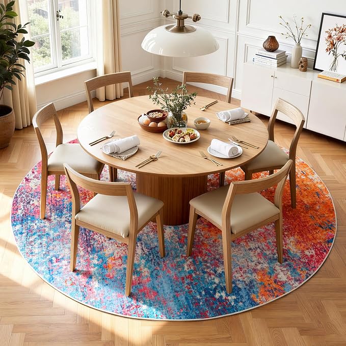 Rugflix Round Area Rugs 6Ft for Living Room, Washable Circle Rug Stain-Resistant Low Pile, Modern Dark Carpet for Bedroom Dining Room Home Office Kid Nursery Room, Rainbow