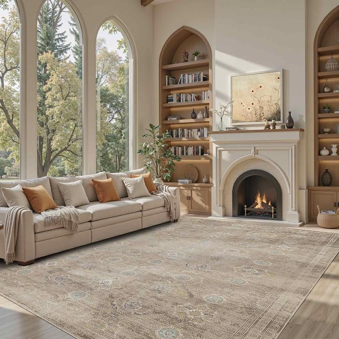 Rugxara Beige 8x10 Area Rugs for Living Room Bedroom Large Washable Rug | Non Slip, Rug for Dining Room Bedroom Office Kids Room, Stain Resistant, Soft, Low Pile, Vintage Boho Retro Carpet,Home Decor