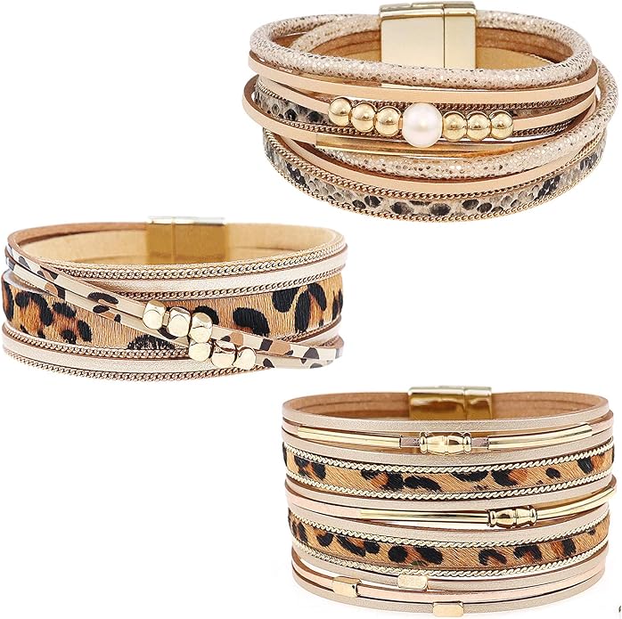 Wowanoo 3Pack Leather Cuff Bracelet Set Multilayer Wrap Bracelet Crystal Feather Tree Bracelet Magnetic Clasp Bracelet for Women
