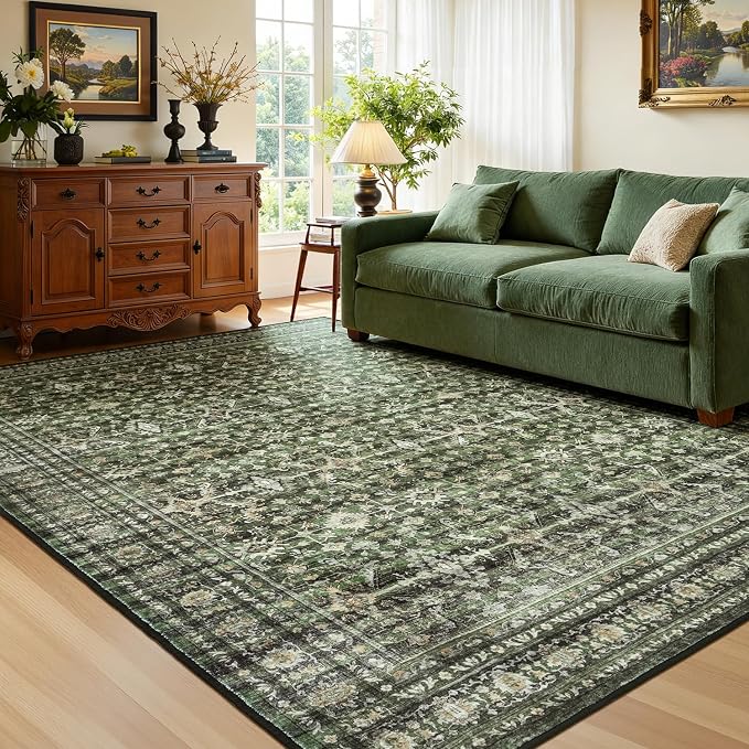 5x7 Washable Rugs, Area Rugs for Living Room, Bedroom, Kitchen, Vintage Boho Carpets, Soft Non-Slip Low Pile Large Area Rug for Dining Room Home Office Indoor Nursery, Olive Green