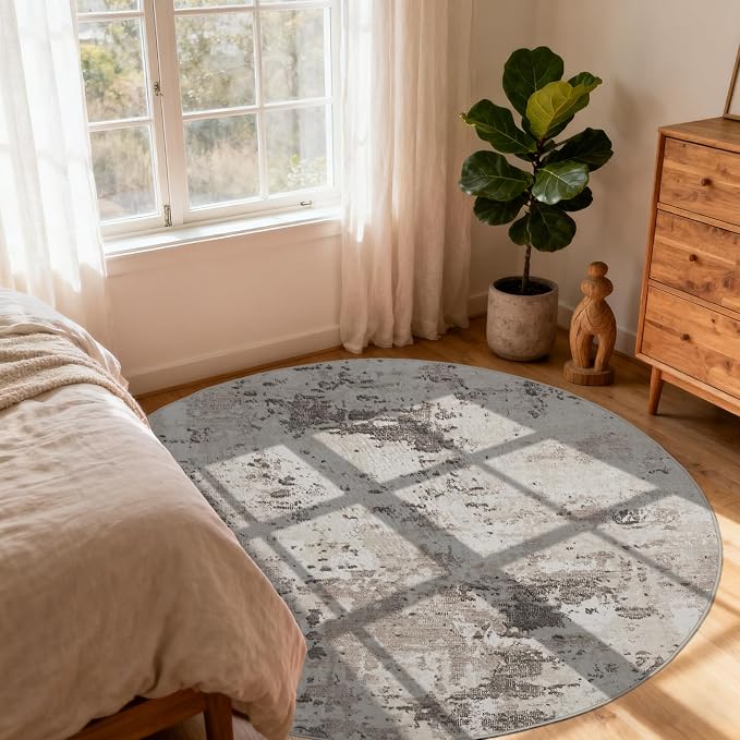 ROYHOME Modern Abstract 4x4 Round Area Rug Non Slip Non Shedding Rug Low Pile Stain Resistant for Bedroom Living Room Office Dining Room,Brown Grey