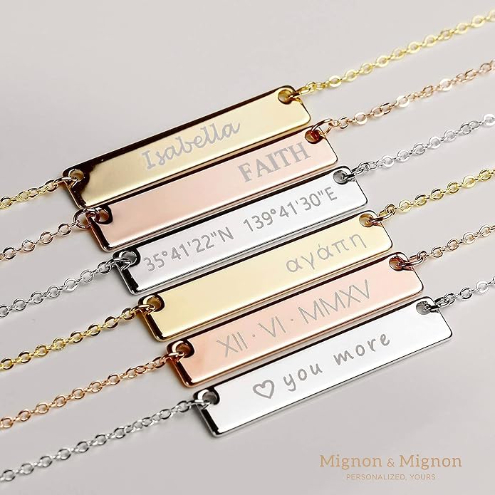 MignonandMignon Personalized Engraved Bar Necklace, Custom Name, Date, Coordinates, Friendship Jewelry, Birthday, Wedding, Graduation, Gift for Women
