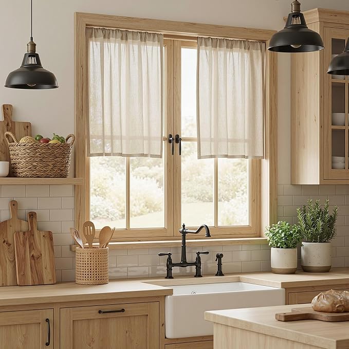 MYSKY HOME 30 Inch Length Oatmeal Tiers Curtains for Cafe, Semi Sheer Light Filtering Window Curtain Panels Rod Pocket Short Country Decor Drapes for Bathroom/Basement, Taupe, 2 Panels, 34 x 30 Inch
