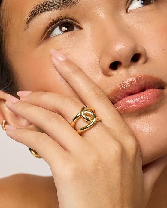 PAVOI 14K Gold Plated Chunky Interlock Statement Ring for Women | Interloop Band Thick Link Stackable Rings