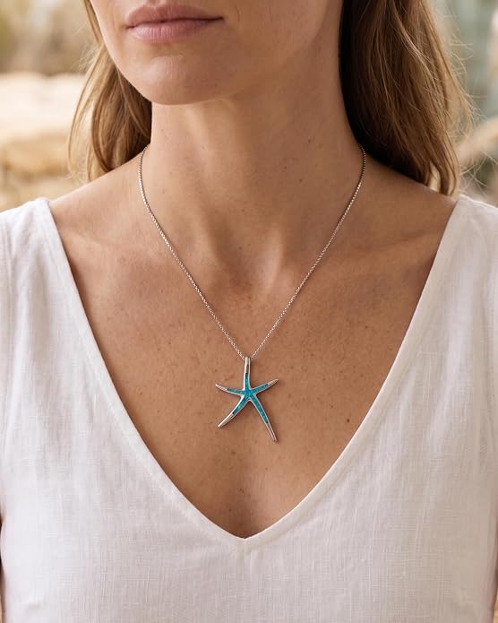 Created Blue Opal Ocean Necklace for Women, 925 Sterling Silver Pendant, 18 Inch Chain, Beach and Sea Life Jewelry Collection