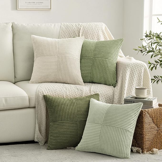 MIULEE Summer Light Green Decorative Throw Pillow Covers 20x20 Inch Set of 4 Boho Farmhouse Cushion Covers Mordern Classic Pillow Cases Soft Corduroy Gradient Home Decor for Couch Sofa Living Room Bed