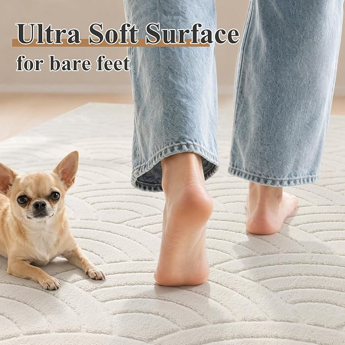 SHACOS Soft Fluffy Arch Waves Runner Rug for Bedroom, 2'x6' Cream | High-Low Textured Non Slip Washable Minimalist Modern Graphic Rainbow Carpet for Hallyway