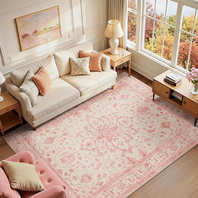 RELEANY Area Rugs 6'x9' Washable Non-Slip, Floral Vintage Distress Medallion Carpet for Living Room Bedroom Dining Room, Pink Light Vintage Pink