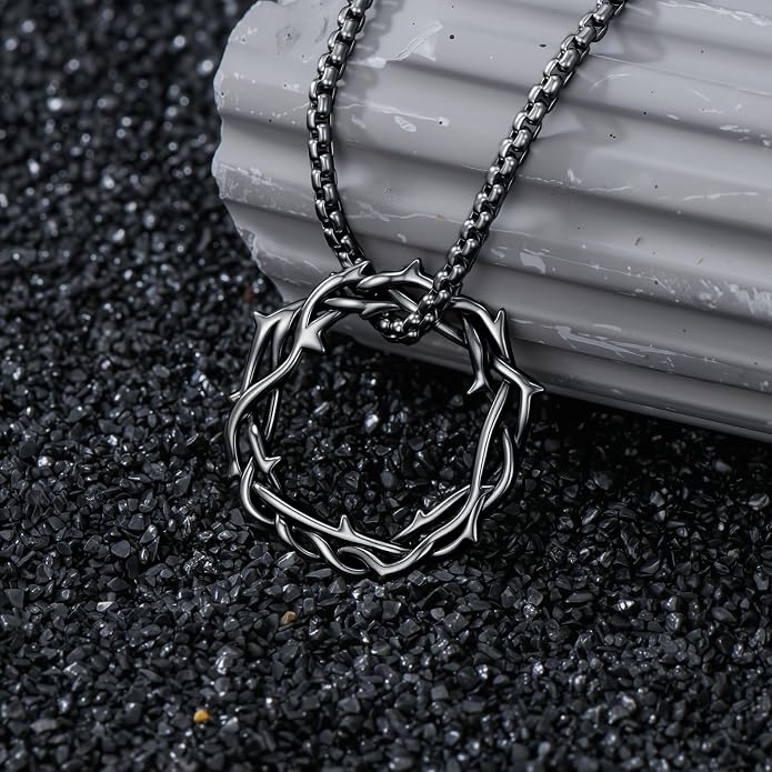 Crown of Thorns Necklace for Men 925 Sterling Silver Nail Cross Necklace Pendant Religious Christian Jewelry Valentines Day Gifts for Men