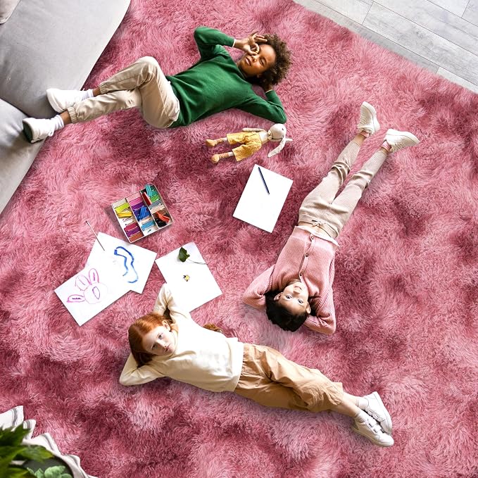 Dssimo 9x12 Area Rugs for Living Room, Pink Tie-Dyed Plush Fluffy Carpet | Upgrade Non-Slip Thick Large Rose Shag Rugs for Nursery Kids Room Dorm Room Home Decor, Indoor Plush Floor Carpet
