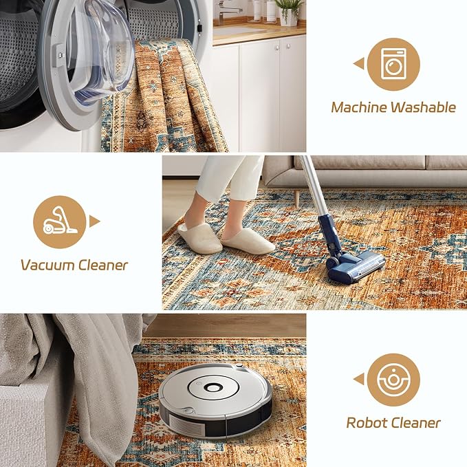 Roxstand 6x9 Washable Area Rug, Non Slip Living Room Rug Navy/Orange | Low Pile Vintage Rug, Stain Resistant, Non-Shedding Design, Pet & Kid Friendly, Carpet for Bedroom, Dining Room Office
