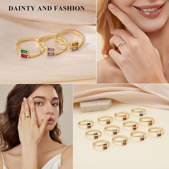 JSJOY Birthstone Rings for Women Dainty Emerald Blue Ring Birthday Gifts for Mom Her Gemstones CZ Ring for Teens Gold Rings That Don't Tarnish Adjustable Ring Jewelry Gifts