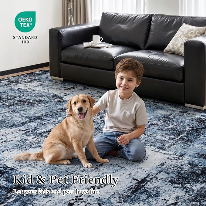 Rugflix 5x8 Area Rugs for Living Room, Washable Large Rug Stain-Resistant Low Pile, Modern Dark Carpet for Dining Room Home Office Kid Room Nursery Bedroom, Navy Blue/Black