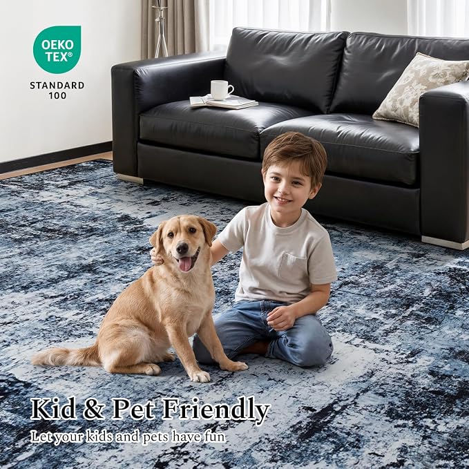 Rugflix 7x10 Area Rugs for Living Room, Washable Large Rug Stain-Resistant Low Pile, Modern Dark Carpet for Dining Room Home Office Kid Room Nursery Bedroom, Navy Blue/Black