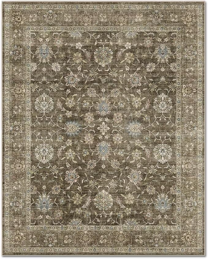 Boho Washable 8x10 Area Rugs for Living Room, Cushioned, Tan/Flaxen | Vintage Non-slip Neutral Oriental Rugs for Bedroom Dining Room Nursery Office High Traffic Area