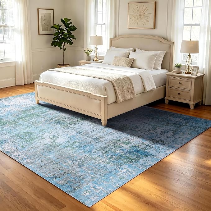 8x10 Area Rugs Living Room Rug Abstract Washable Rug Non-Slip Soft Low Pile Indoor Floor Stain Resistant Thin Carpet for Bedroom Dining Room Home Office Farmhouse Nursery - Dusty Blue & Cream 8' x 10'
