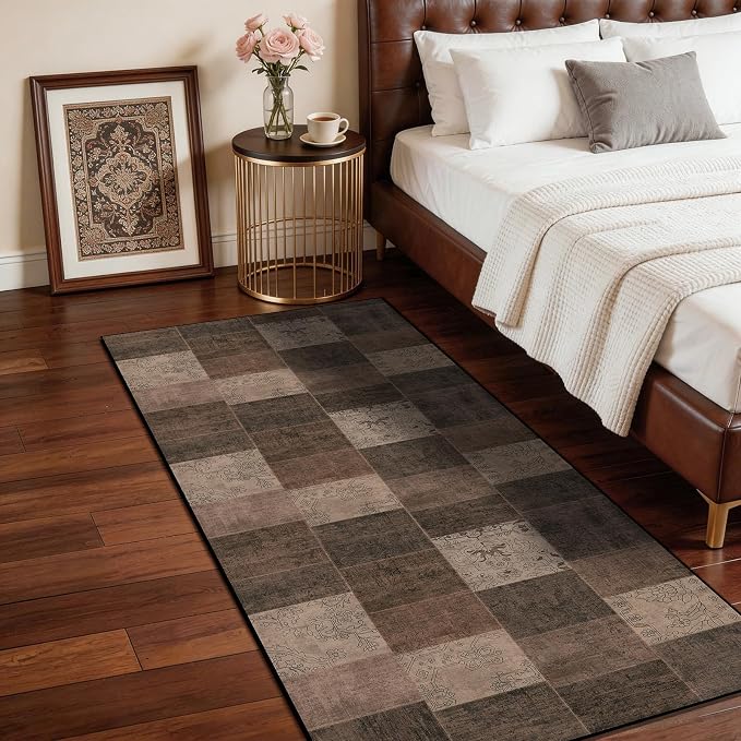 LIANLAM 2x6 Washable Runner Rug for Hallway&Kitchen,Non-Slip Long Carpet with Vintage Boho Checkered Design,Ultra-Thin Low Pile,Stain Resistant Easy Clean Floor Mat for High Traffic Areas(2x6,Brown)