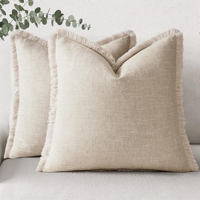 decorUhome Linen Fringe Natural Beige Throw Pillow Covers 26x26 Set of 2 | Euro Sham Decorative Soft Accent Modern Boho Farmhouse Cushion Covers with Tassels Cotton Pillow Covers for Couch Bed Sofa