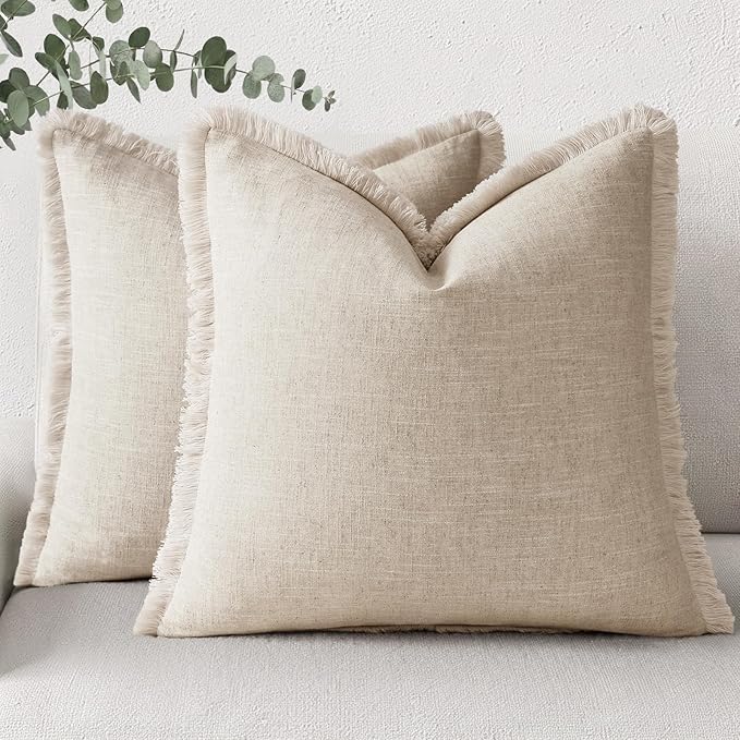 decorUhome Linen Fringe Natural Beige Throw Pillow Covers 22x22 Set of 2 | Euro Sham Decorative Soft Accent Modern Boho Farmhouse Cushion Covers with Tassels Cotton Pillow Covers for Couch Bed Sofa