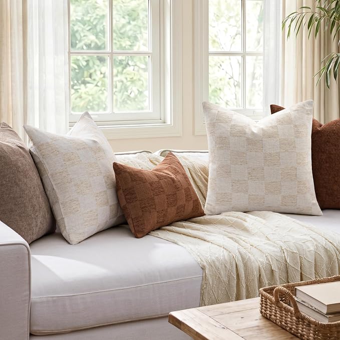 a moment Set of 2 Decorative Linen Throw Pillow Covers,Large Grid Textured Neutral Boho Farmhouse Cushion Covers,Soft Aesthetic Pillowcases for Couch Sofa Living Room Home Decor,20x12 Inch,Beige