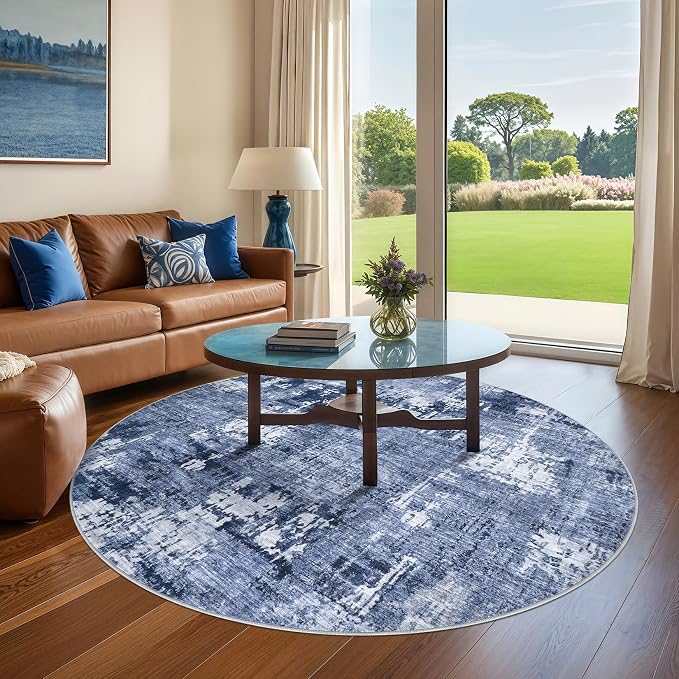 DMOYEST 6ft Round Area Rug Living Room Rugs - 6x6 Washable Large Soft Indoor Neutral Modern Abstract Low Pile Rug Carpet for Bedroom Dining Room Farmhouse Home Office - Navy Blue