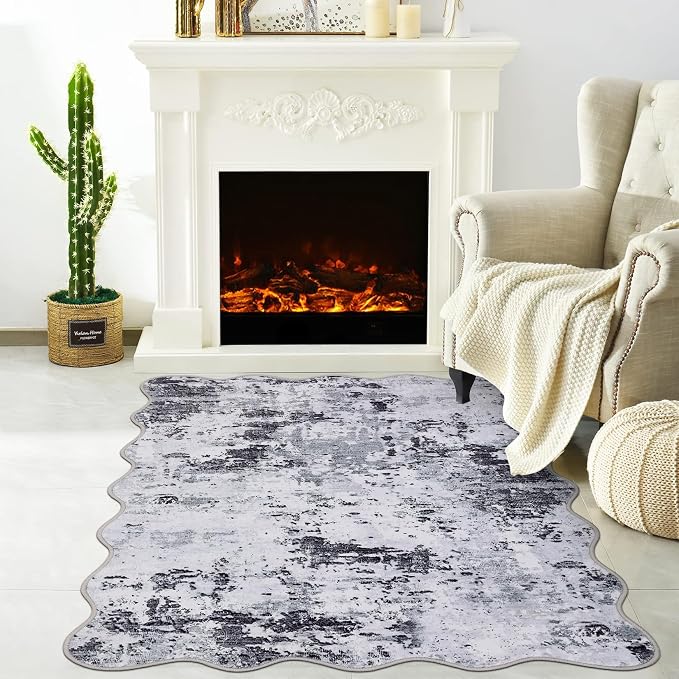 ROYHOME Modern Abstract Scalloped 2x3 Area Rug Non Slip Non Shedding Low Pile Stain Resistant Rug for Entryway Kitchen Bedroom,Grey