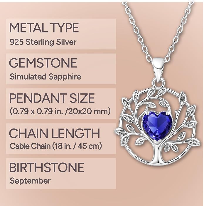 ADITA GOLD Tree of Life Necklace for Women, 925 Sterling Silver Birthstone Pendant, Simulated Gemstone, Jewelry
