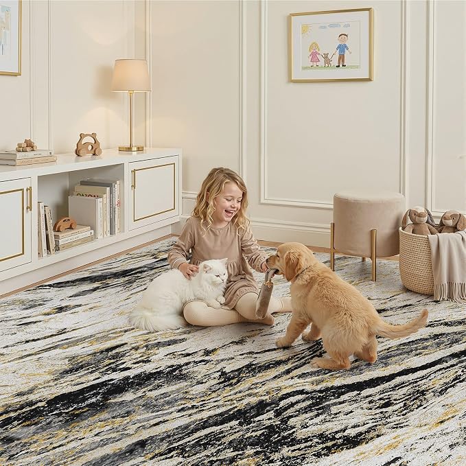 Area Rugs for Living Room: 10X12 Abstract Washable Rug Modern Neutral Large Soft Stain Resistant Non-Slip for Bedroom Dining Room Indoor Home Office Carpet - Black Gold