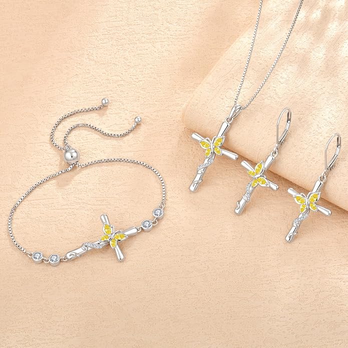 Cross Necklace for Women 925 Sterling Silver Butterfly Necklace Birthstone Pendant Created Gemstone Jewelry Gifts for Women
