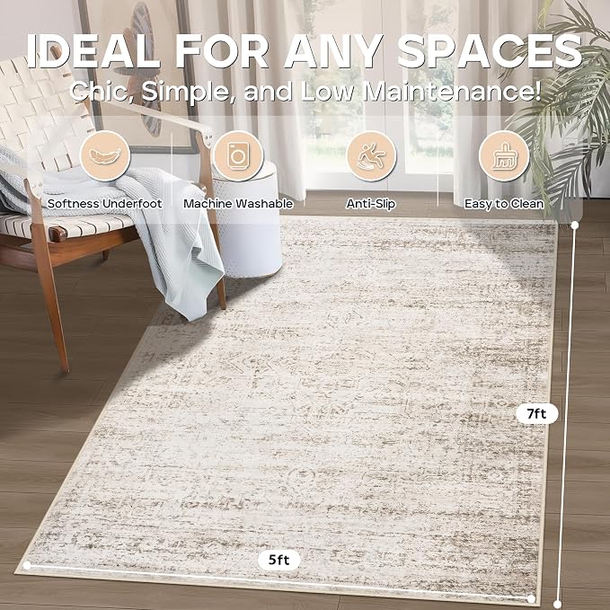 5x7 Area Rugs for Living Room Rug Washable: Modern Rug for Dining Room Bedroom Carpet Non Slip Low Pile 5 by 7 Indoor Abstract Nursery Home Office Beige Ivory