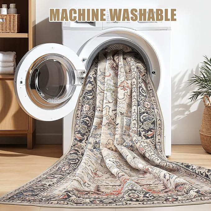9x12 Area Rugs for Living Room - Large Carpet Ultra Thin Soft Washable Oriental Vintage Floral Distressed Rug Big Indoor Carpets for Bedroom Nursery Dorm Home Decor Aesthetic - Multi