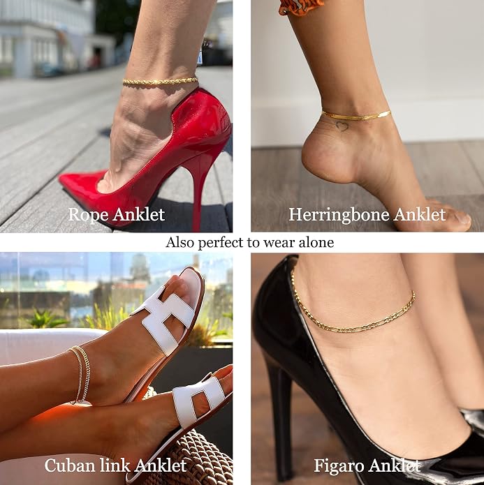 DEARMAY Gold Anklets for Women Waterproof, Non Tarnish14K Gold Plated Ankle Bracelets Set Stack, Summer Beach Jewelry Gifts for Vacation, Bikini Outfits for Women Mom Her