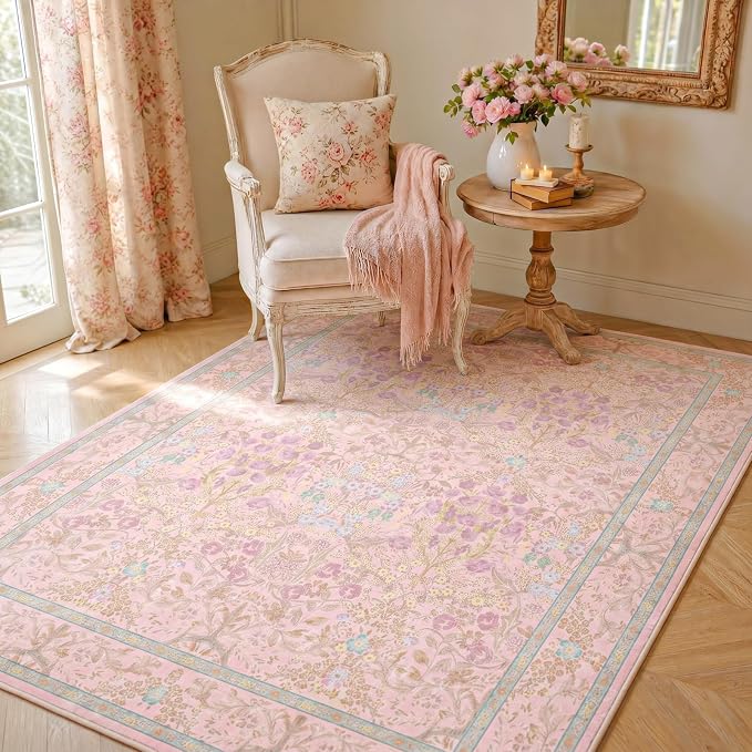 Vintage Washable Light Pink Area Rugs for Bedroom Under Bed, Living Room, Nursery, Kitchen, Entryway, Low Pile Non Slip Stain Resistance Distressed Retro Indoor (Light Pink, 4 x 6)