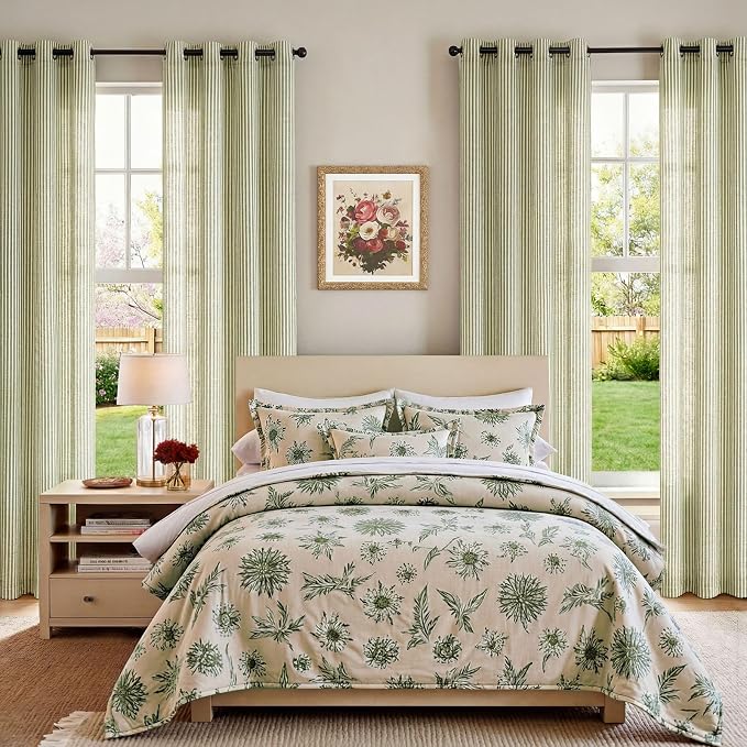 jinchan Linen Curtains 90 inch Sage Green Stripe on Beige Grommet 2 Panels | Curtains for Living Room Bedroom,Ticking Stripe Pattern,Pinstripe Farmhouse Rustic,Window Treatment,Light Filtering