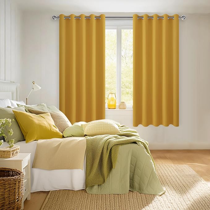Hiasan Grommet Blackout Curtains for Bedroom, 60 x 72 Inches - Thermal Insulated & Light Blocking Window Drapes for Living Room/Dorm Room, Set of 2 Panels Sewn with Tiebacks, Mustard Yellow