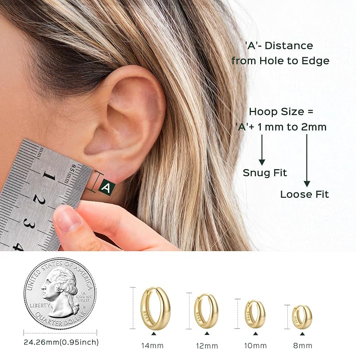 ChicSilver Solid 925 Sterling Silver Chunky Hoop Earrings for Women, Silver Small Thick Huggie Earrings Hypoallergenic Lightweight Silver Hoop Earrings for Sensitive Ears (8/10/12/14mm)