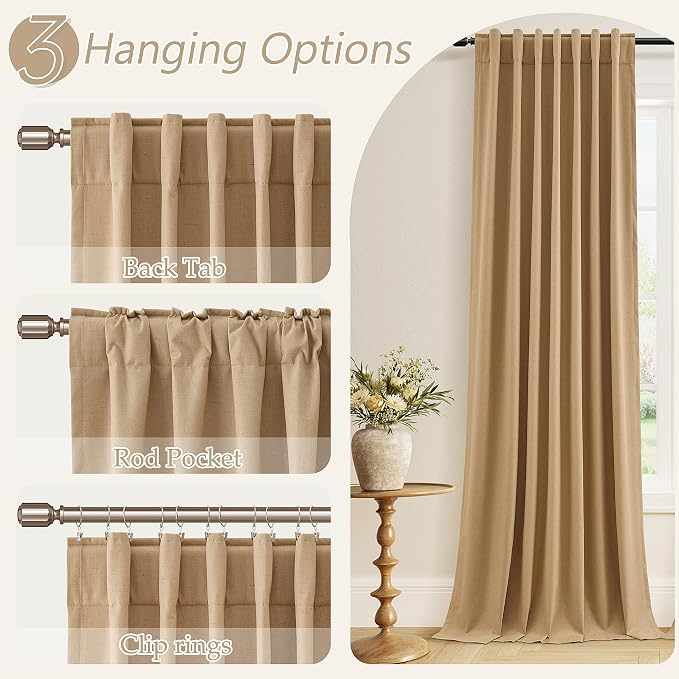 Guken 100% Blackout Linen Curtains 80 Inch Length 2 Panels Set for Living Room Bedroom Back Tab Thermal Insulated Black Out Linen Drapes Room Darkening Window Curtains,Camel Brown