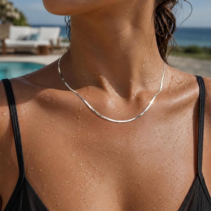WomenGifts 14K Gold Silver Plated Herringbone Necklace for Women, Dainty Snake Chain Choker, Trendy Simple Long Layered Jewelry Non Tarnish, 3/4/5/8mm,14,16,18,20,22,24,26 Inch Thin & Chunky Options