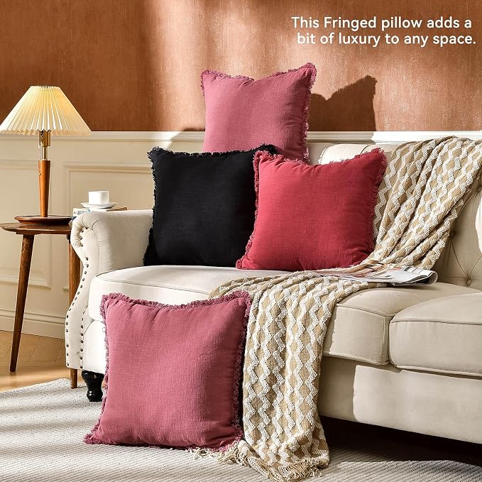 AmHoo Pack of 2 Linen Pillow Covers with Tassels Fringed Decorative Rustic Natural Throw Pillowcase Cushion for Couch Sofa Bedroom 24 x 24-Inch Jester Red
