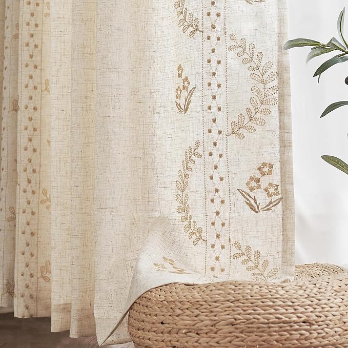 jinchan Floral Linen Curtains 63 Inch Farmhouse Back Tab 2 Panels Beige | Embroidered curtains,boho curtains,living room,bedroom,light filtering,privacy,flower patterned drapes,window treatment