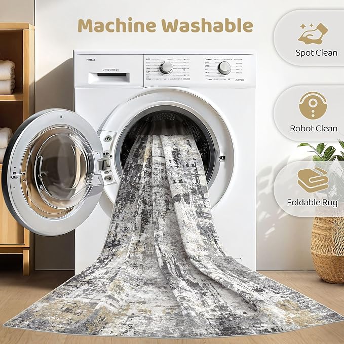 9x12 Area Rug Living Room: Washable Large Abstract Soft Stain Resistant Indoor Floor Rugs Non-Slip Accent Carpet for Bedroom Nursery Playroom Office Dining Room Home House- Gray Beige