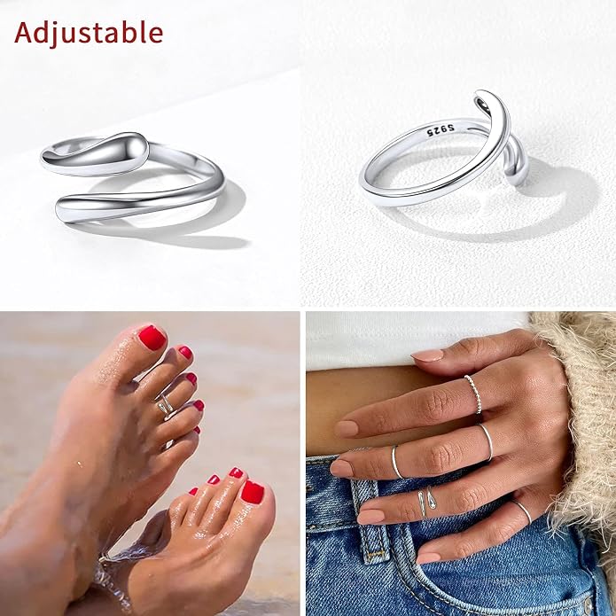 ChicSilver 925 Sterling Silver Toe Ring Minimalist Hypoallergenic Adjustable Band Ring Summer Beach Bare Foot Jewelry