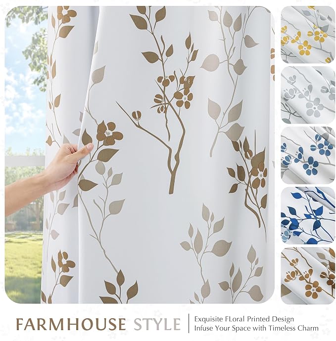 Beauoop Floral 100% Blackout Sliding Door Curtains Tan Brown 100x84 1 Set | Flower Patterned Brown White Room Darkening Patio Curtains Extra Wide Room Divider Drapes Thermal Window treatment Grommet