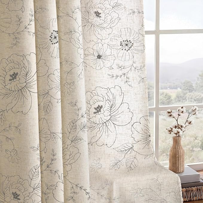 Boho Floral Curtains, Vintage Farmhouse Curtains 84 Inches Long, Grey Cottage Core Flower 2 Panels